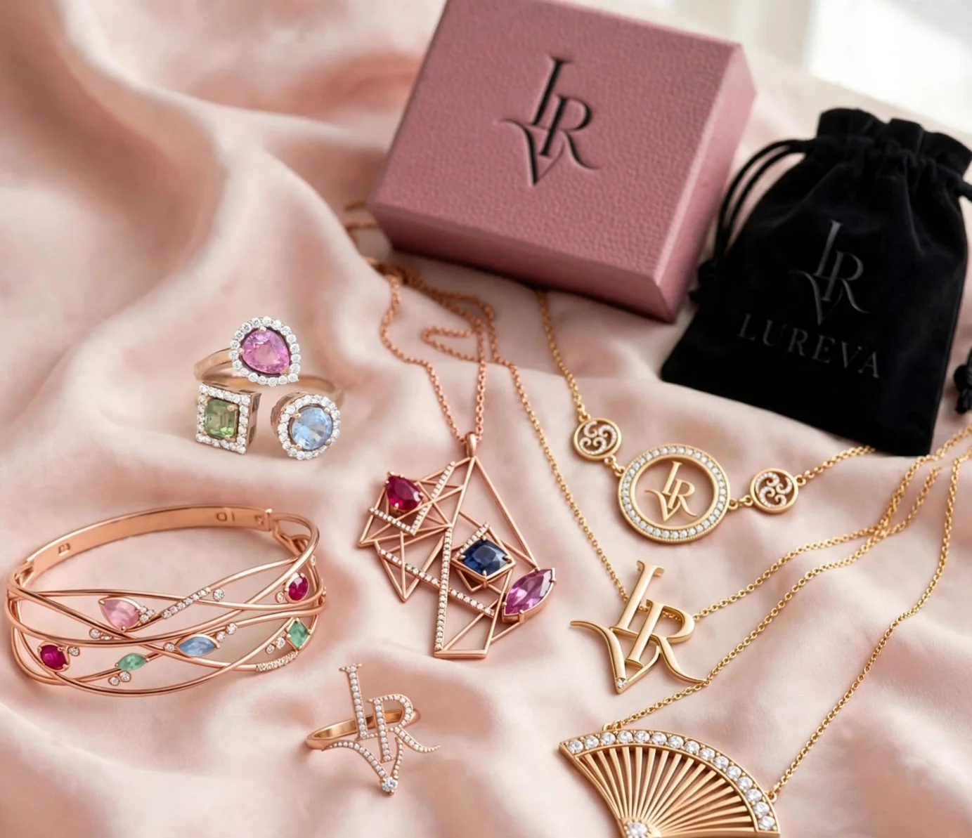 A flat lay of Lureva jewelry on pink silk: the LR monogram pieces, a gemstone pendant, a woven cuff and a three-stone ring beside a pink gift box and a black velvet pouch