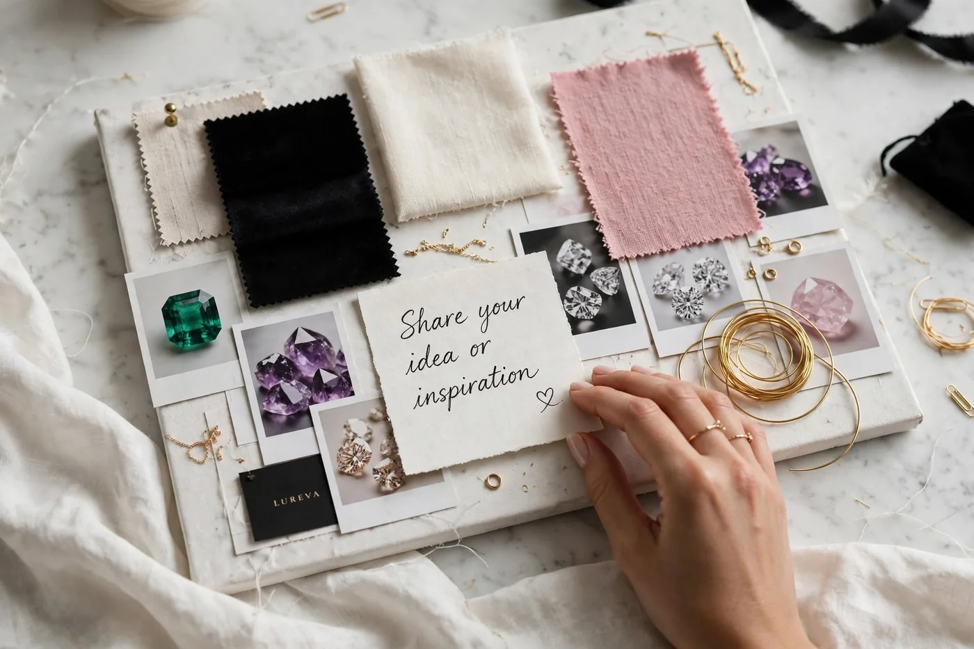 A mood board of fabric swatches, gemstone photos and a handwritten card that reads Share your idea or inspiration