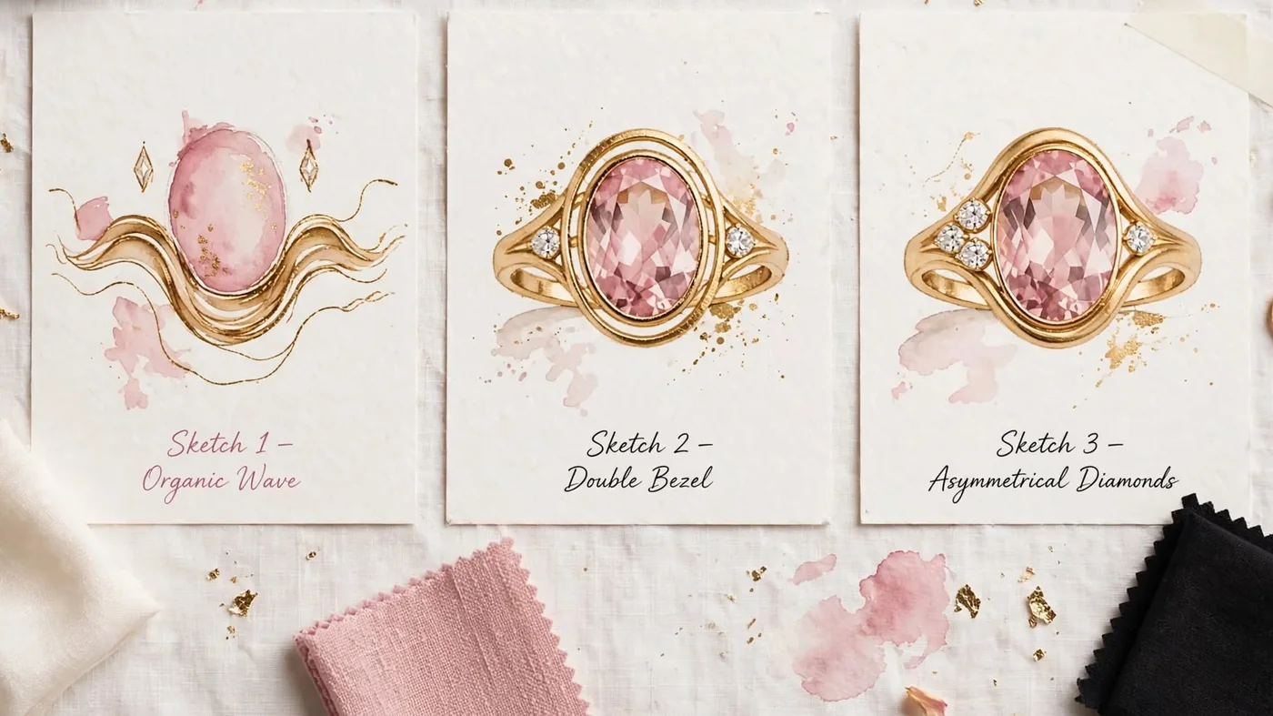 Three watercolor ring sketches on paper: Organic Wave, Double Bezel and Asymmetrical Diamonds