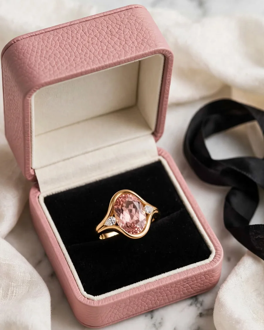 A gold ring with an oval pink stone and two small diamonds in a pink leather box